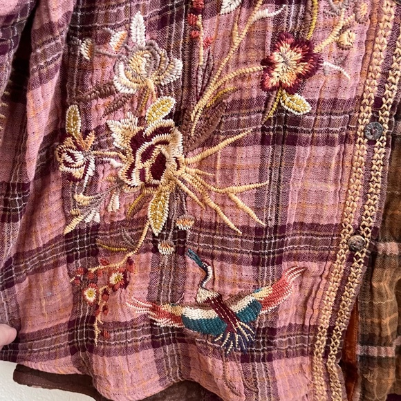 Johnny Was Pink and Brown Embroidered Plaid Top - Picture 3 of 7